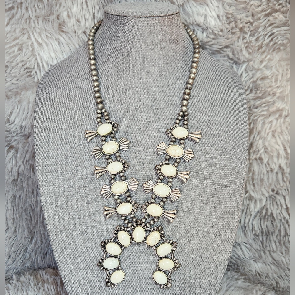 Tribal Silver and Cream Statement Necklace
